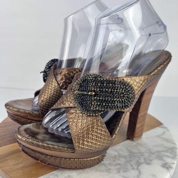 CE FOU SHOO BRONZE Leather Slip On Metal Buckle Platform HIGH HEEL Size 9 - Picture 4 of 11